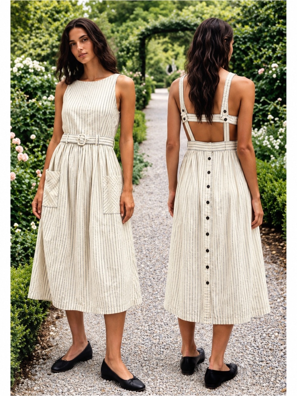 Free People Striped Pinafore Midi Dress Size 2 Cotton Belted Pockets Boho